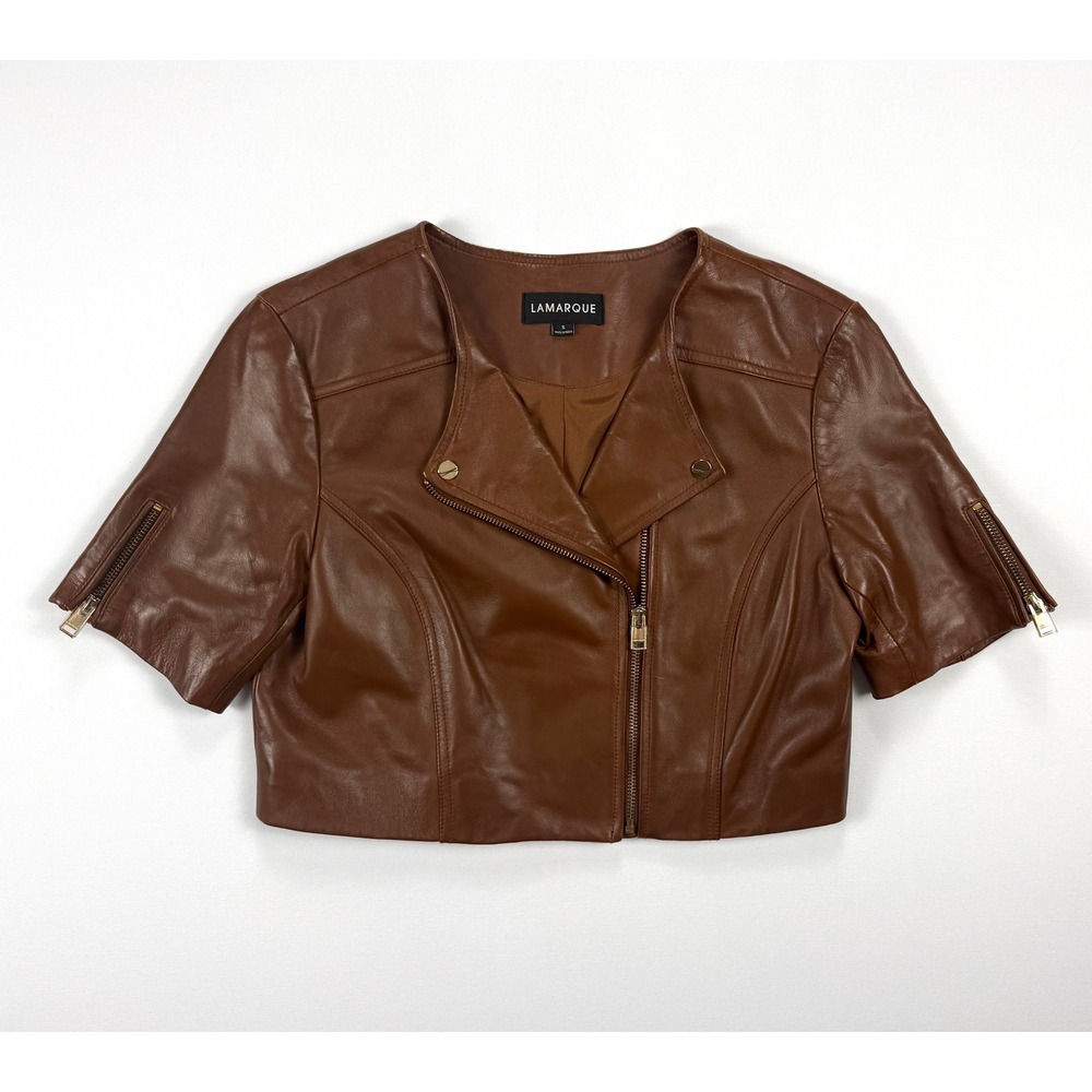 NWOT Lamarque Womens S Brown Lamb Leather Cropped Moto Jacket Short Sleeve #1978